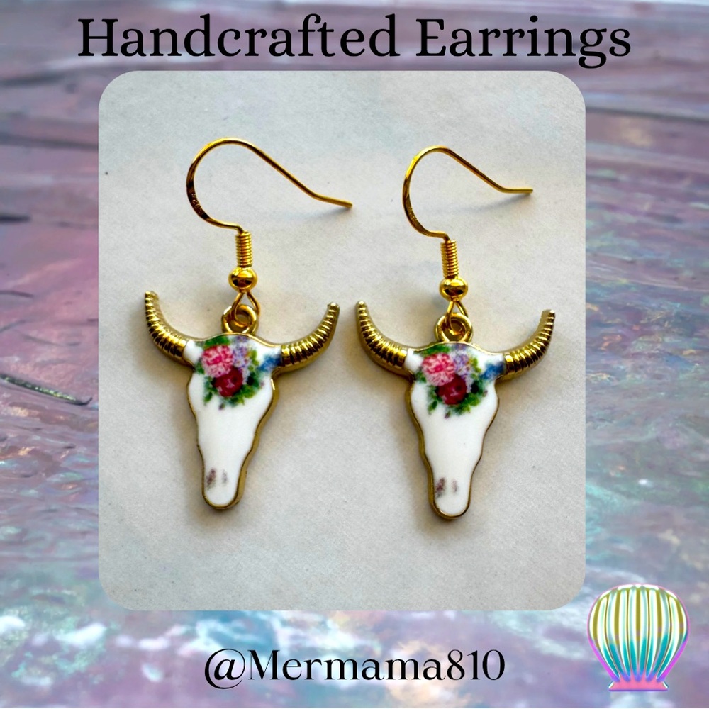 Handcrafted Bull Skull Earrings with Floral Accents